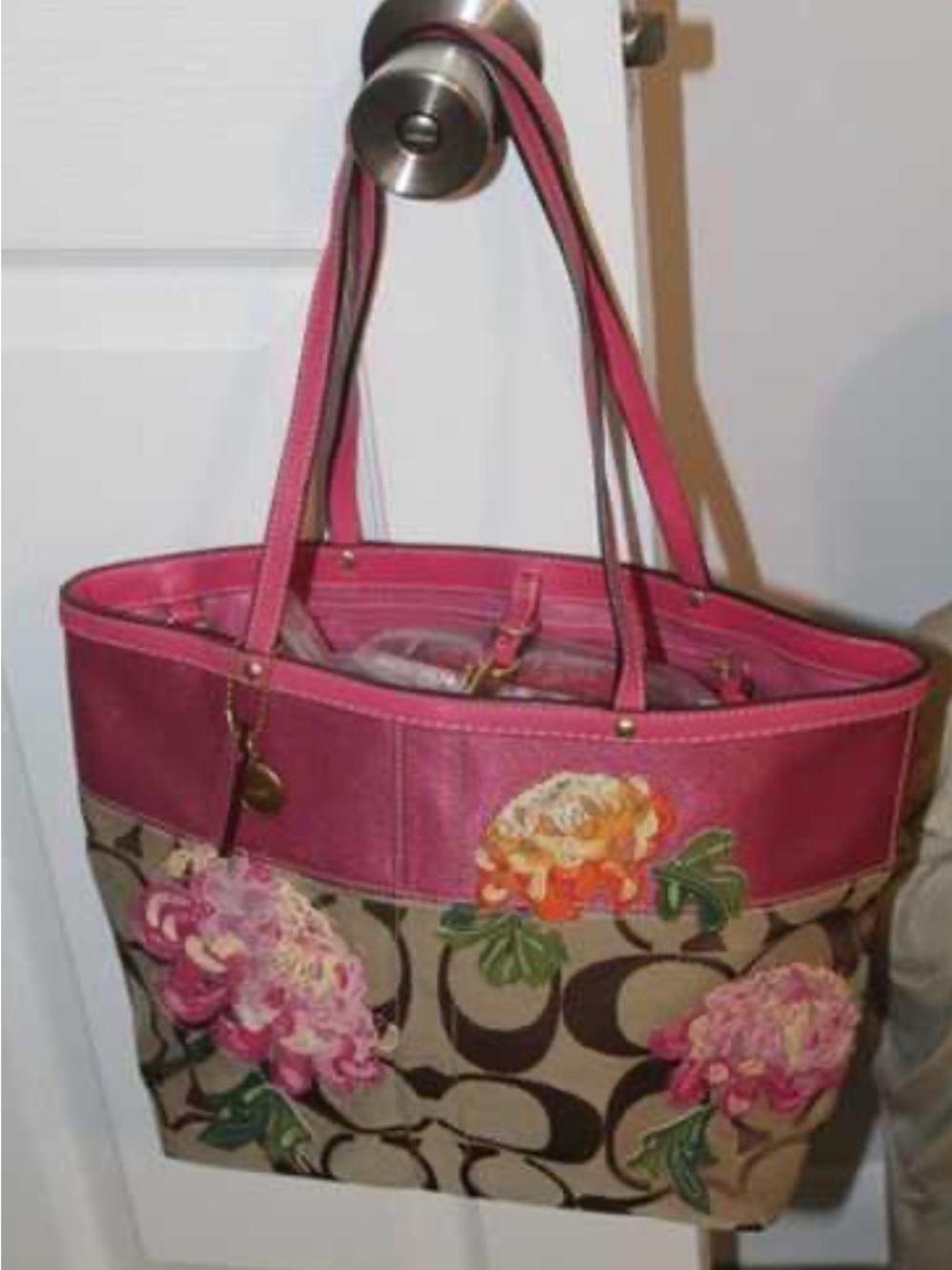 Coach Pink Floral Signature Canvas Tote with Brown Logo
